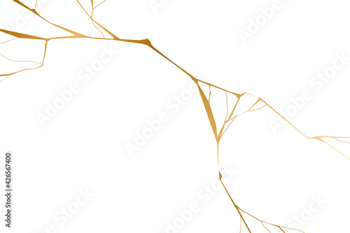 Gold kintsugi on white background. Crack and broken effects. Marble texture. Luxury design for wall art, wallpaper, wedding card, social media. Modern vector illustration. © KeronnArt