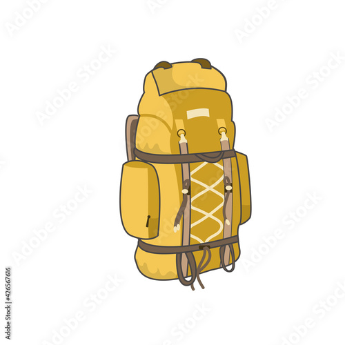 A roomy travel backpack. Equipment for a comfortable stay on vacation in the forest. Backpack with lots of pockets and zippers. Design elements, layout, print.