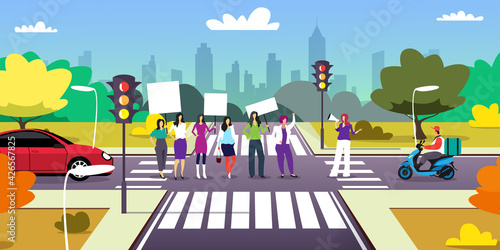 activists protesting on crossroad holding blank placards feminist demonstration girl power movement rights protection concept cityscape background full length horizontal