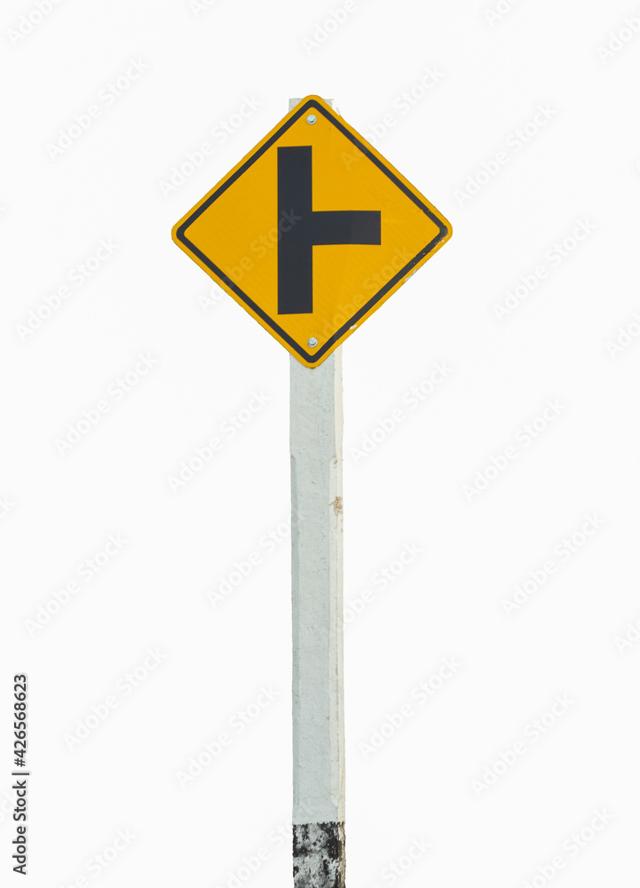 warning three junction road sign isolated on white background. warning three junction road sign isolated on white background.