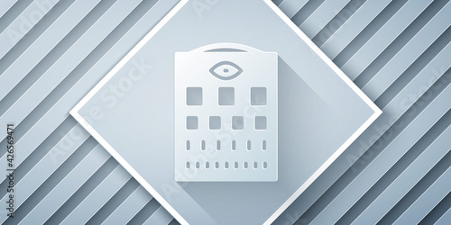 Paper cut Eye test chart icon isolated on grey background. Poster for vision testing in ophthalmic study. Snellen chart. Paper art style. Vector
