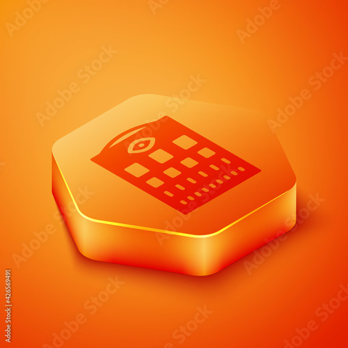 Isometric Eye test chart icon isolated on orange background. Poster for vision testing in ophthalmic study. Snellen chart. Orange hexagon button. Vector