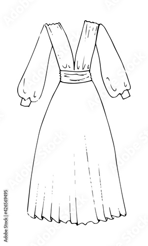 Long dress cloth. Hand drawn fashion sketch. Flat vector isolated outline illustration