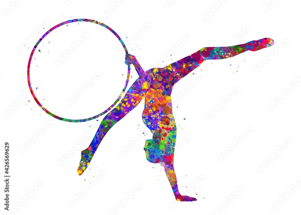 Rhythmic gymnastics hoop watercolor art, abstract painting. sport art  print, watercolor illustration rainbow, colorful, decoration wall art.  Stock Illustration