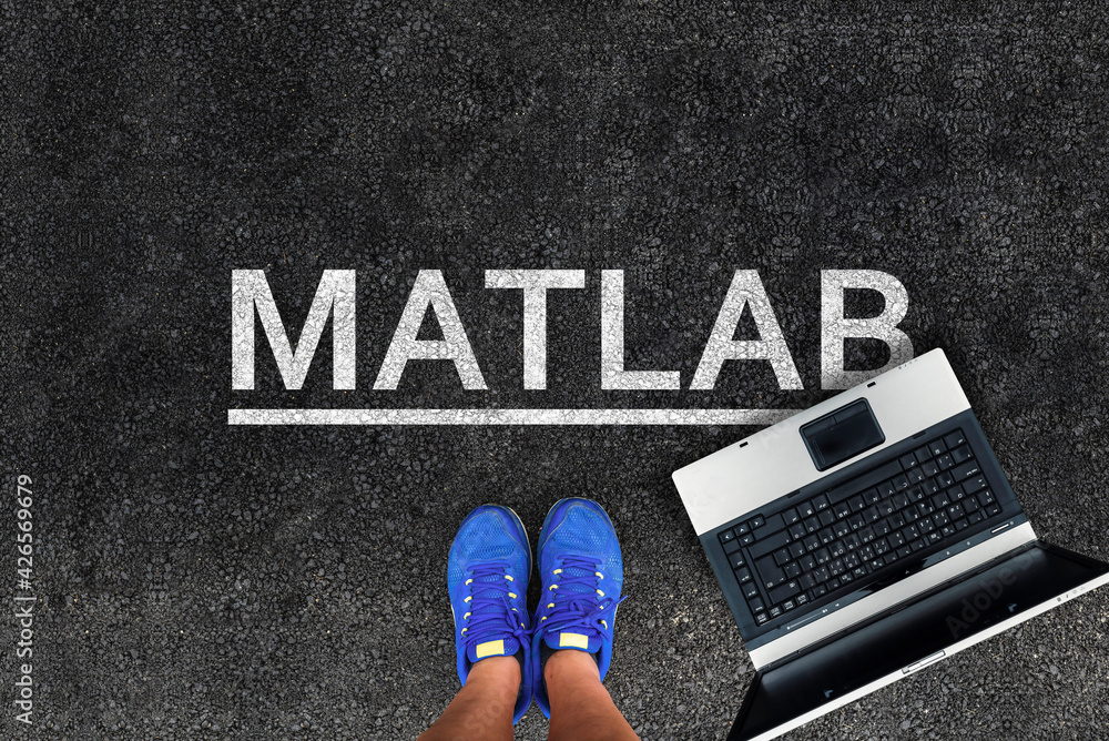 MATLAB programming language. Woman legs in sneakers standing next to