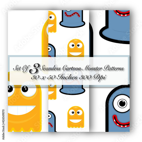 Set Of 3 Seamless Cartoon Monster Patterns