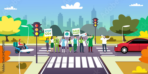 environmental activists on crossroad holding posters go green save planet concept protesters campaigning to protect earth demonstrating against global warming cityscape full length horizontal