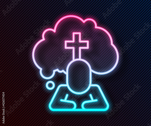 Glowing neon line Man graves funeral sorrow icon isolated on black background. The emotion of grief, sadness, sorrow, death. Vector
