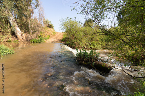 A small waterfall of fresh water surrounded by green plants, at the entrances to the Yarkon River