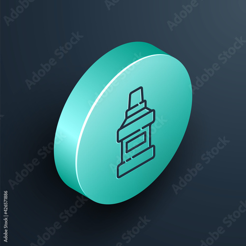 Isometric line Mouthwash plastic bottle icon isolated on black background. Liquid for rinsing mouth. Oralcare equipment. Turquoise circle button. Vector