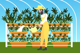 man farmer watering cannabis industrial hemp plantation growing marijuana plant drug consumption agribusiness concept horizontal full length