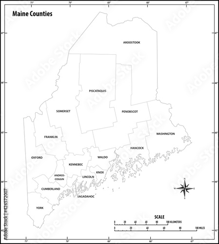 maine state outline administrative and political vector map in black and white