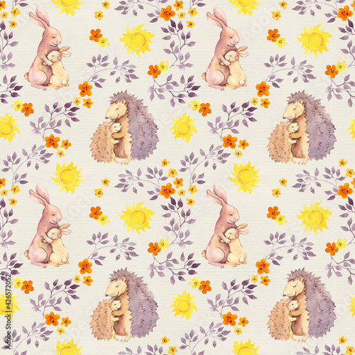 Mother rabbit and mom hedgehog hug baby animal. Watercolor painted seamless pattern