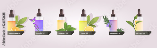 set dropping essential lemon peppermint tea plant orange lavender rosemary oil glass bottles with liquids natural face body beauty remedies concept horizontal