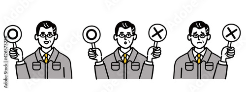 作業服　男性　ミドルエイジ 　セット　○× マルバツ　ポップ　手描き
