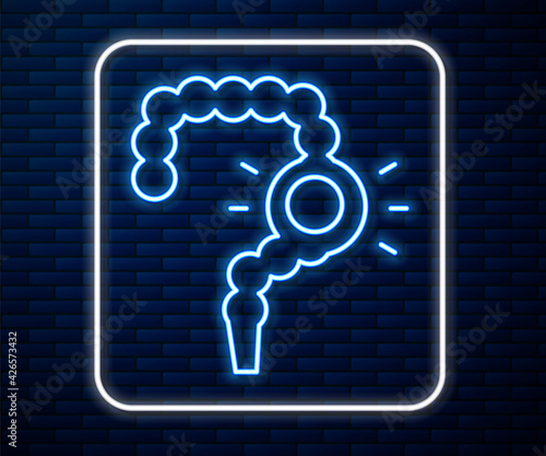 Glowing neon line Gut constipation icon isolated on brick wall background. Bowel problems. Vector