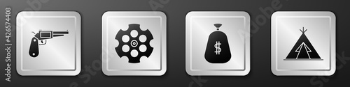 Set Revolver gun, Revolver cylinder, Money bag and Indian teepee or wigwam icon. Silver square button. Vector