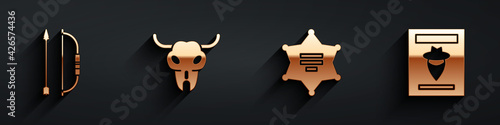 Set Bow and arrow in quiver, Buffalo skull, Hexagram sheriff and Wanted western poster icon with long shadow. Vector