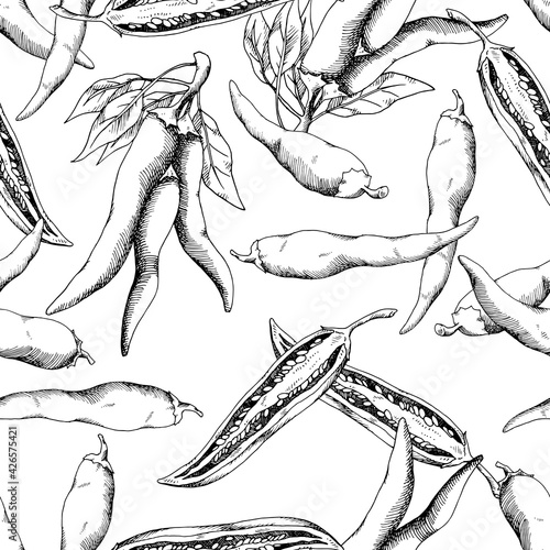 Hot chili pepper. Mexican traditional seasoning. Tasty spice. Whole, cut plant and seeds. Seamless background with pattern. Hand-drawn ink sketch.