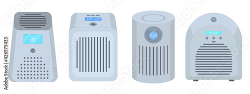 Air purifier set. Filtration of viruses and dirty air. PM 2.5 filter. Vector illustration in flat style on an isolated white background.