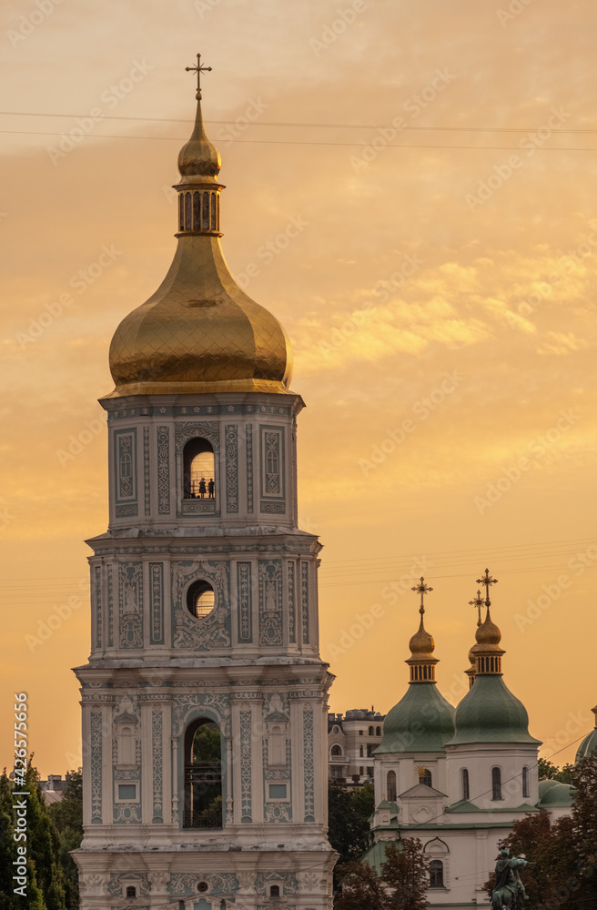 Spire of Sofia Cathedral at sunset in Kyiv.