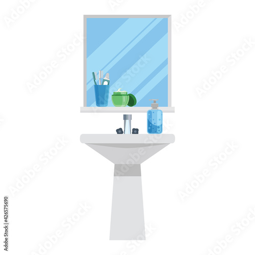 Sink with mirror and toiletries. Toothpaste with toothbrushes, face cream, liquid soap. Home interior design. Vector illustration isolated on a white background for design and web.