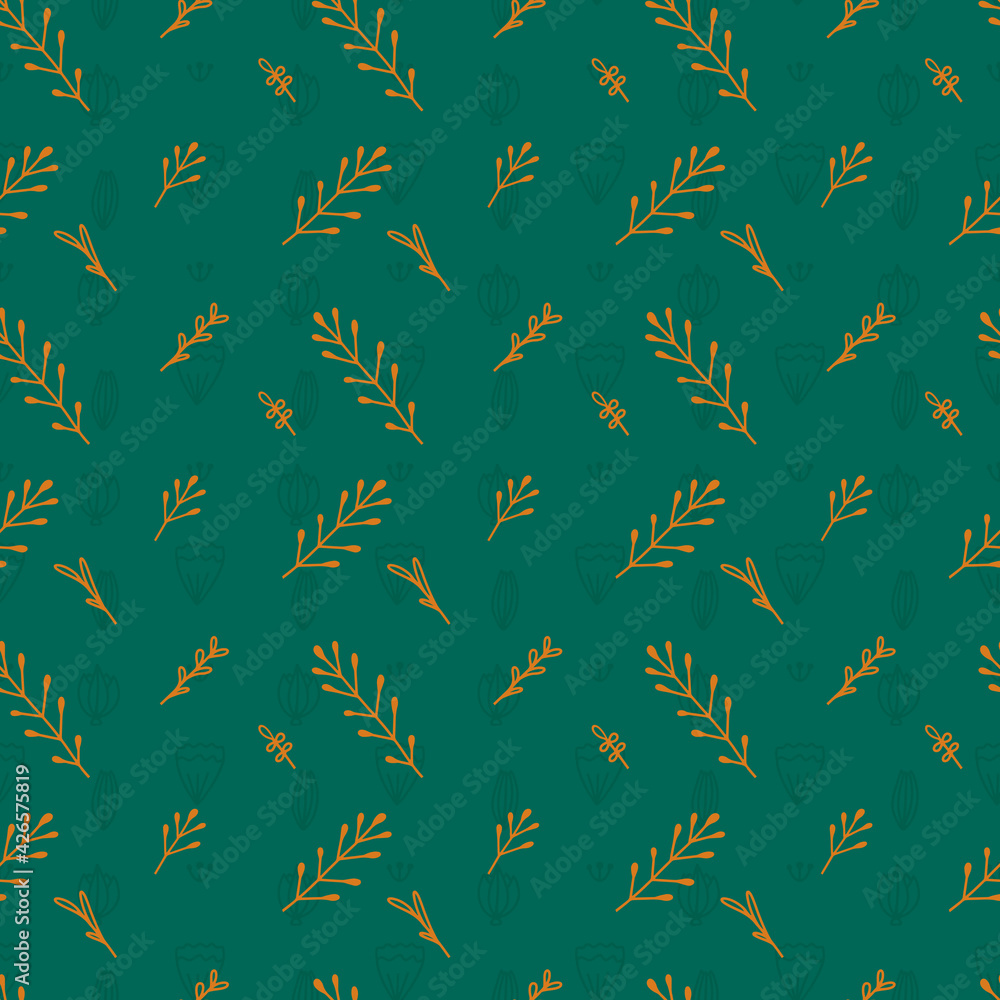 Seamless pattern with colorful diagonal contours doodle herbs and leaves on green background.Spring floral multicolor texture. Simple natural wallpaper with branches and herb