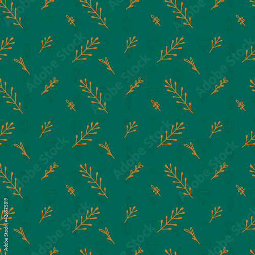 Seamless pattern with colorful diagonal contours doodle herbs and leaves on green background.Spring floral multicolor texture. Simple natural wallpaper with branches and herb