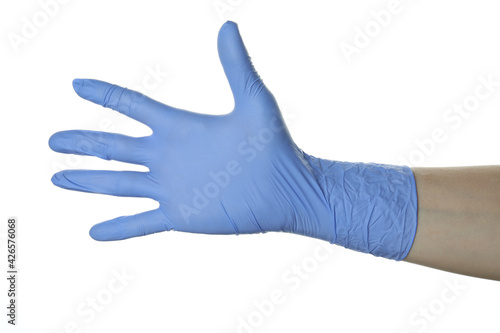 Hand in medical glove isolated on white background