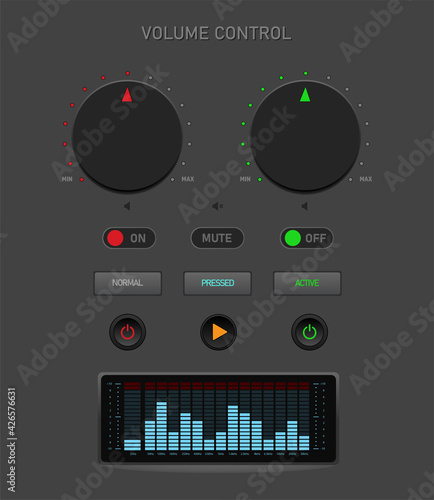 Volume Control. Volume Button. A set of buttons and a beautiful equalizer