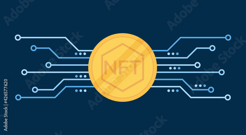 Concept of NFT, non-fungible token on golden coin icon with the network, vector flat illustration