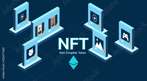 Concept of NFT, non-fungible token on internet online marketplace and crypto art or game items on blockchain technology with virtual exhibition, vector flat illustration
