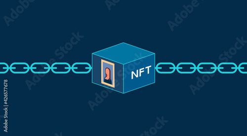 Concept of NFT, non-fungible tokens, Digital items for crypto art with blockchain technology, vector flat illustration