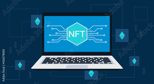 Concept of NFT, non-fungible token with network on laptop computer, vector flat illustration
