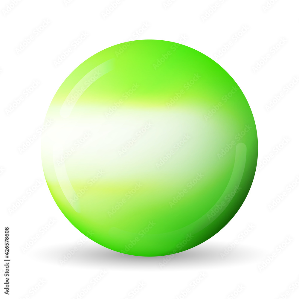 Glass green ball or precious pearl. Glossy realistic ball, 3D abstract vector illustration highlighted on a white background. Big metal bubble with shadow Glass green ball or precious pearl. Glossy realistic ball, 3D abstract vector illustration highlighted on a white background. Big metal bubble with shadow