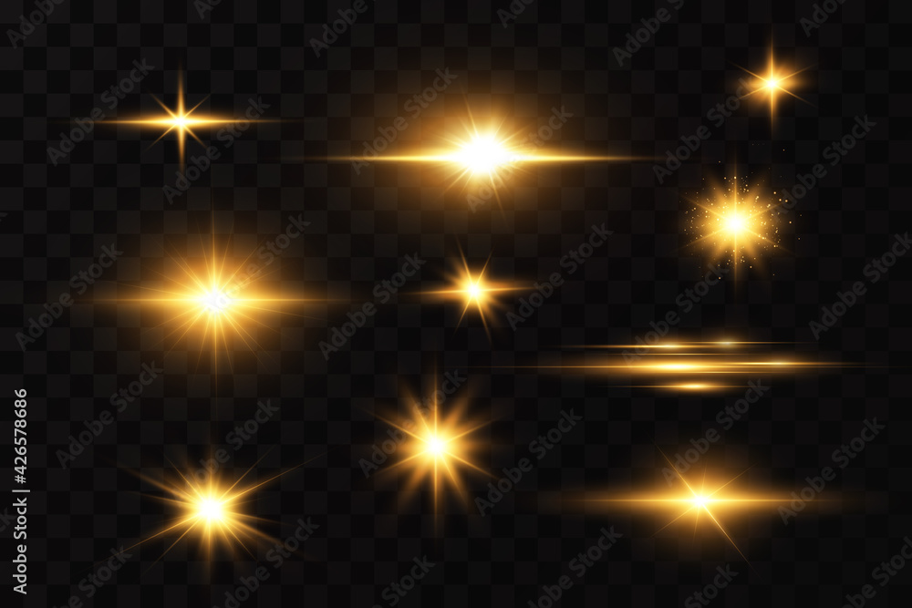 Shining golden stars. Light effects, glare, bokeh, glitter, explosion, golden light. Vector illustration. - obrazy, fototapety, plakaty 