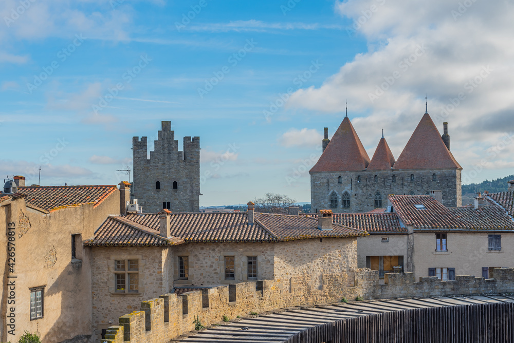 View to the tower from the historical castle carcassone- cite de carcassone, background blue sky