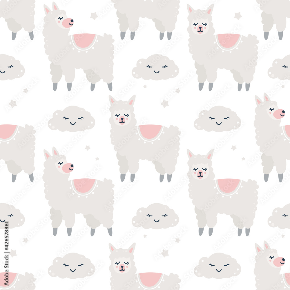 Childish seamless pattern with alapacas and clouds. Childish seamless pattern with alapacas and clouds.