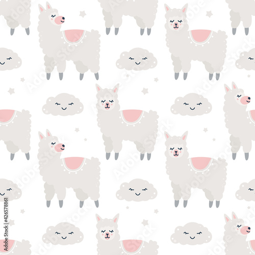 Childish seamless pattern with alapacas and clouds.