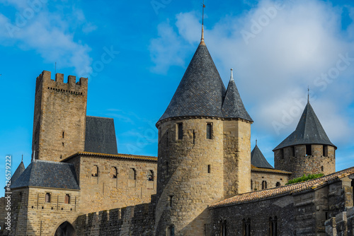 View over the historical castle carcassone - cite de carcassone - with the towers, background blue sky, close up