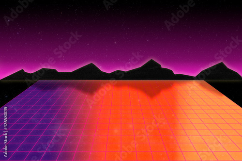 Retro cyberpunk style 1980's sci-fi background with red laser grid, pink sky and black mountains. Vintage computer game design template