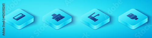 Set Isometric Bar of soap, Handle broom, Toilet bowl and Water tap icon. Vector