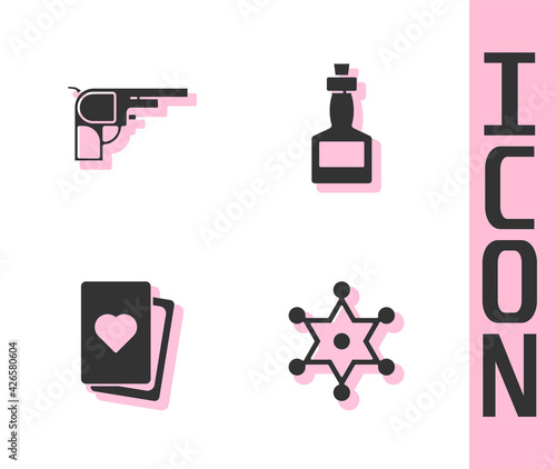 Set Hexagram sheriff, Revolver gun, Deck of playing cards and Tabasco sauce icon. Vector