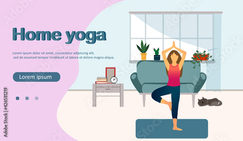 A woman practicing yoga at home, home yoga concept, stay home concept, healthy lifestyle, flat vector illustration