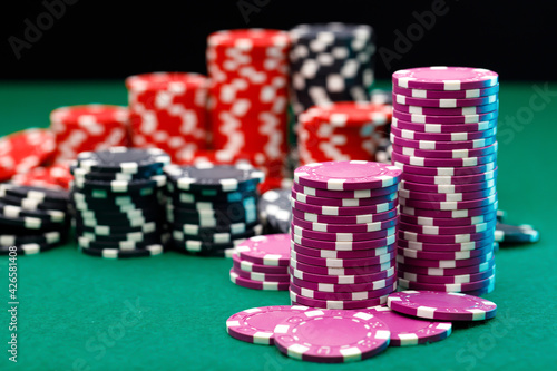 Stacks of playing chips on casino table