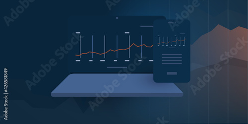 Fintech, Digital Business and Market Analysis, Stock Trading, Online Investment Helper Mobile Apps Concept with Charts on Device Screens Showing Growing Trends and Results - Vector Illustration