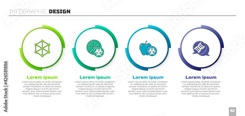 Set GMO, Genetically modified orange, apple and DNA symbol. Business infographic template. Vector