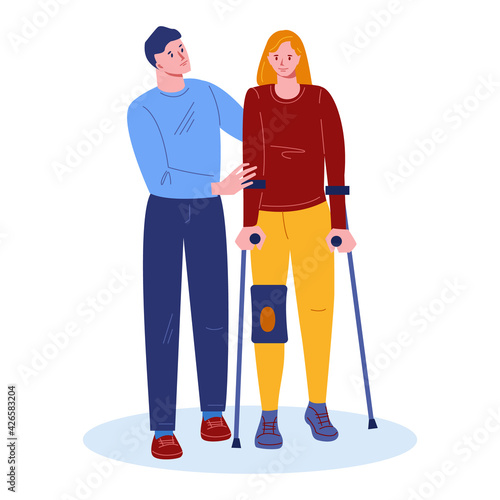 Girl with a damaged knee on crutches. A guy friend supports her, helps. Vector illustration in flat cartoon style. Isolated on a white background.