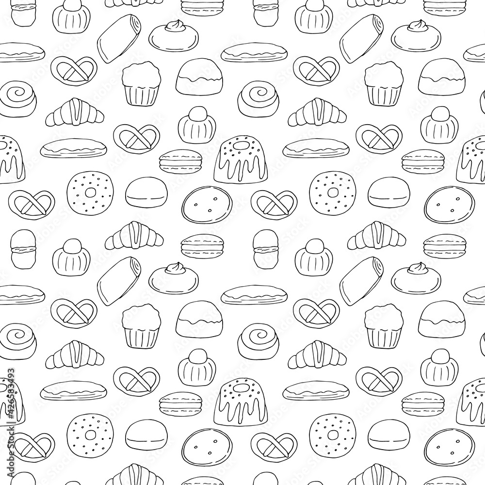 Seamless pattern of pastries, buns and desserts, vector doodle illustration, hand drawing Seamless pattern of pastries, buns and desserts, vector doodle illustration, hand drawing