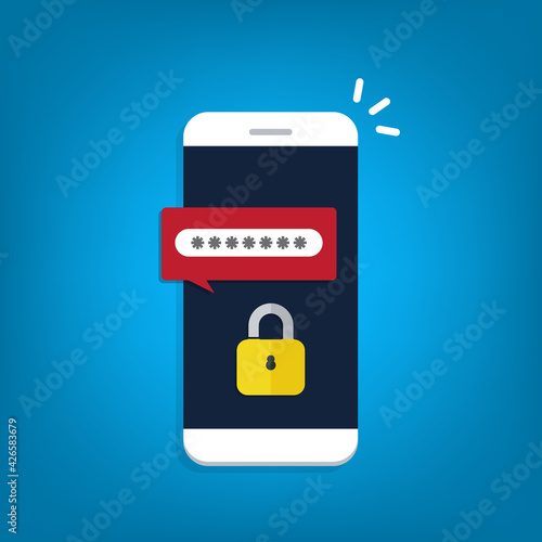 Unlocked phone , notification and password field on a mobile phone. Smartphone security concept.	

